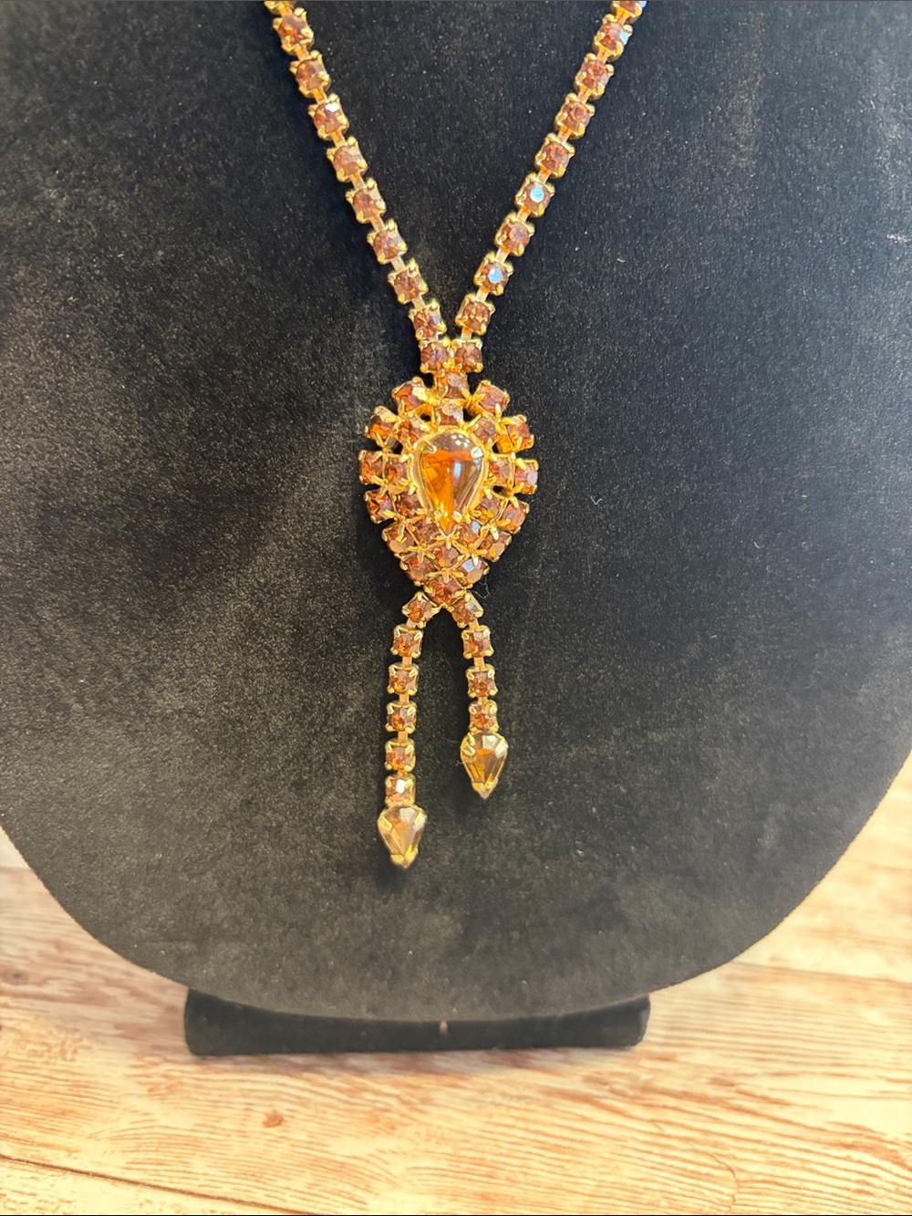 Antique Amber Lariat Necklace with Amber Crystal Pendant